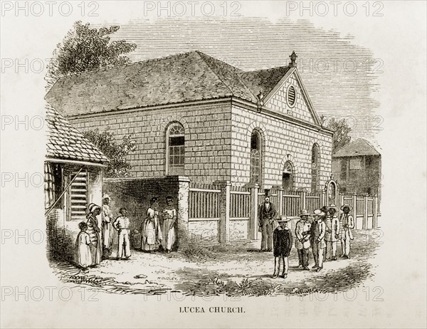 Lucea Presbyterian Church. A woodcut illustration of Lucea Presbyterian Church, taken from Reverend George Blythe's autobiography, 'Reminiscences of Missionary Life' (published in 1851). The church was founded by Reverend J. Watson who had also established a Scottish Presbyterian mission station here in 1827. Lucea, Jamaica, circa 1850. Lucea, Hanover, Jamaica, Caribbean, North America .