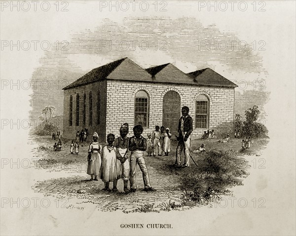 Goshen Church, Jamaica. A woodcut illustration of Goshen Church, taken from Reverend George Blythe's autobiography, 'Reminiscences of Missionary Life' (published in 1851). This was a Presbyterian church founded by the Scottish Missionary Society. St Mary, Jamaica, circa 1850., St Mary (Jamaica), Jamaica, Caribbean, North America .