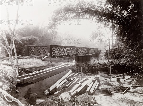 Trinidad Bridge over the Guanapo River. View of the construction of Trinidad Bridge, a railway bridge over the Guanapo River on the Sangre Grand railway line. Trinidad, circa 1912., Trinidad and Tobago, Trinidad and Tobago, Caribbean, North America .