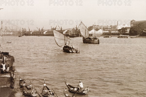 Rangoon docks. View across the Irrawaddy River to the docks at Rangoon. Rangoon, Burma (Yangon, Myanmar), 1931. Yangon, Yangon, Burma (Myanmar), South East Asia, Asia.