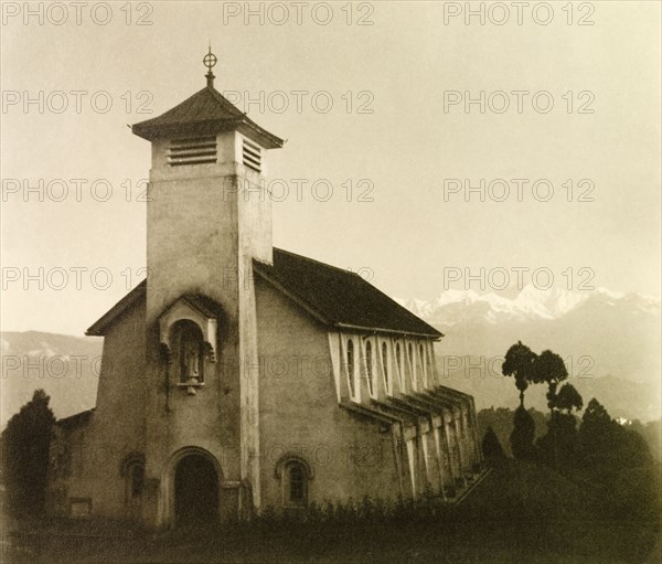 The chapel of St Paul's School, Darjeeling. View of the Anglican chapel of St Paul's School, situated in the Siwalik Hills with a stunning view over the lower ranges of the Himalayas. Darjeeling, India, 1935. Darjeeling, West Bengal, India, Southern Asia, Asia.