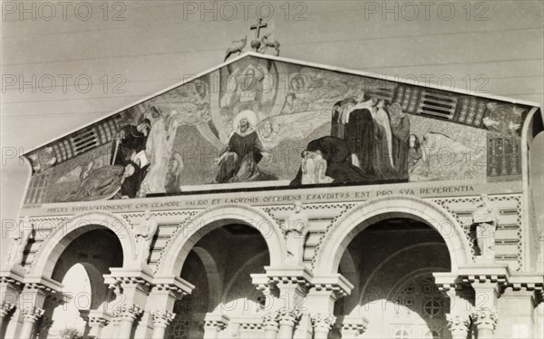 Church of All Nations, Jerusalem. View of a mural depicting Jesus Christ on the facade of the Church of All Nations, a Christian church located on the Mount of Olives next to the Garden of Gethsemane. Jerusalem, British Mandate of Palestine (Israel), circa 1942. Jerusalem, Jerusalem, Israel, Middle East, Asia.