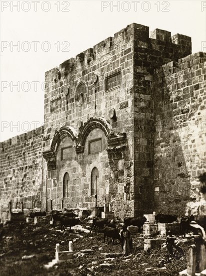 The Golden Gate, Jerusalem. View of the Muslim cemetery located in front of the Golden Gate on the eastern section of Jerusalem's old city walls. Jerusalem, British Mandate of Palestine (Israel), circa 1942. Jerusalem, Jerusalem, Israel, Middle East, Asia.