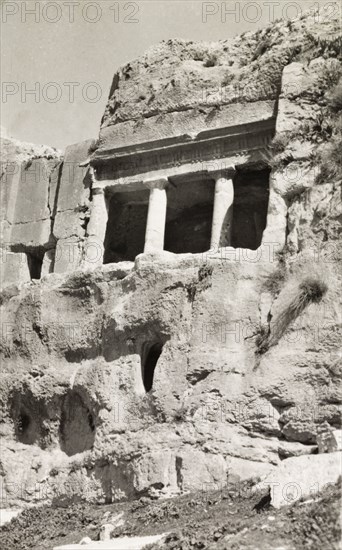 Tomb of the Kings, Jerusalem. The pillared entrance to a tomb cut into the rock face at the ancient burial site of the Tomb of the Kings. Jerusalem, British Mandate of Palestine (Israel), circa 1942. Jerusalem, Jerusalem, Israel, Middle East, Asia.