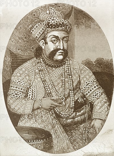 Portrait of an Indian Nawab. Illustrated portrait of a bejewelled Indian nobleman, possibly Wajid Ali Shah (1822-1887), the last Nawab of Oudh (Awadh). During the Indian Mutiny and Rebellion (1857-58), Shah was exiled to Calcutta (Kolkata) by the East India Company and was replaced by Sir Henry Lawrence, who became Chief Commissioner of Oudh. Probably North Western Provinces (Uttar Pradesh), India, circa 1857. India, Southern Asia, Asia.
