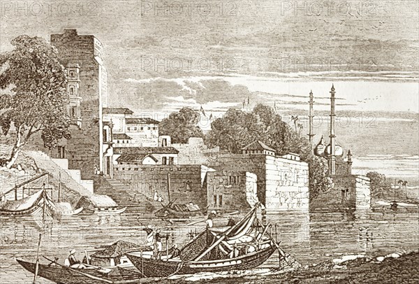 Cawnpore, circa 1857. Illustrated view over the city of Cawnpore, observed at around the time of the Indian Mutiny and Rebellion (1857-58). Cawnpore, North Western Provinces (Kanpur, Uttar Pradesh), India, circa 1857. Kanpur, Uttar Pradesh, India, Southern Asia, Asia.