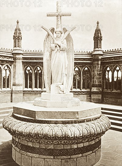 The Cawnpore Memorial Well. Marochetti's Angel at the centre of the Cawnpore (Kanpur) Memorial Well. The monument commemorates the burial place, a dry well, of some two hundred European and Eurasian women and children hostages who were murdered on 16 July 1857 during the Indian Mutiny and Rebellion (1857-58). Cawnpore, North Western Provinces (Kanpur, Uttar Pradesh), India, circa 1880. Kanpur, Uttar Pradesh, India, Southern Asia, Asia.