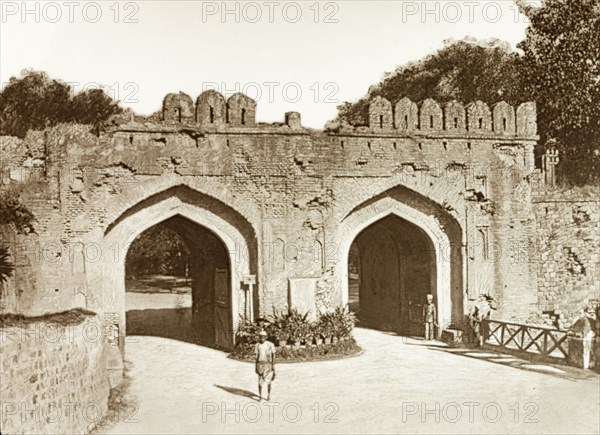 Cashmere (Kashmir) Gate, Delhi. The crumbling arches of the Cashmere (Kashmir) Gate, the scene of a battle between British troops and mutinous Indian sepoys during the Indian Mutiny and Rebellion (1857-58). Delhi, India, circa 1870. Delhi, Delhi, India, Southern Asia, Asia.