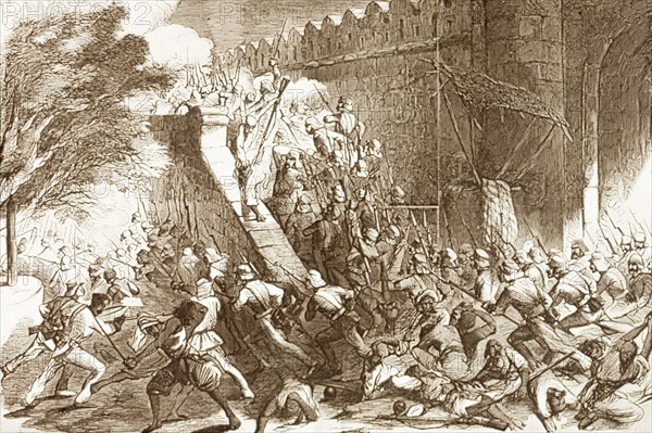 Storming the Cashmere (Kashmir) Gate, Delhi. An illustration depicts British soldiers storming the Cashmere (Kashmir) Gate in Delhi during the Indian Mutiny and Rebellion (1857-58). Led by General John Nicholson, the British successfully reclaimed the city, which had been besieged by Indian rebels since June 1857. Delhi, India, 14 September 1857. Delhi, Delhi, India, Southern Asia, Asia.