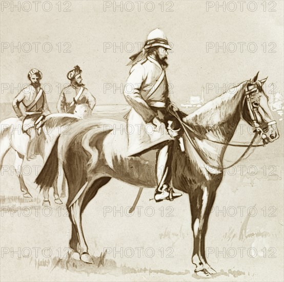 Hodson, of Hodson's Horse'. Illustrated portrait of Colonel William Stephen Raikes Hodson (1821-1858), mounted on horseback. Colonel Hodson was the founder of Hodson's Horse, an irregular cavalry regiment of the British Army that was raised to help suppress the Indian Mutiny and Rebellion (1857-58). India, circa 1857. India, Southern Asia, Asia.