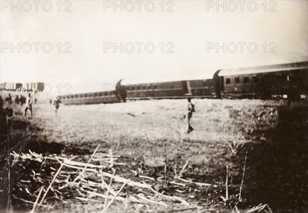 Derailed passenger train at Ras el Ain. A passenger train at Ras el Ain, derailed in a sabotage attack by Palestinian Arab dissidents during the Great Uprising (1936-39). Ras el Ain, British Mandate of Palestine (Israel), circa 1938. Israel, Middle East, Asia.