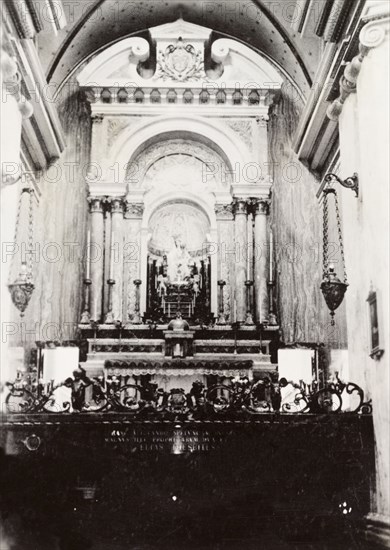 Altar of a Franciscan Church. The ornate altar of a Franciscan Church in Jaffa. Jaffa, British Mandate of Palestine (Israel), circa 1938. Jaffa, Tel Aviv, Israel, Middle East, Asia.