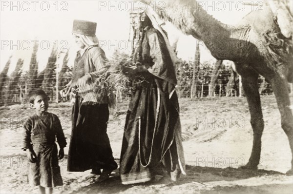 Bedouin people near Samakh. Two bedouin women and a young boy walk along a rural road with a camel near the Arab village of Samakh. Near Samakh, British Mandate of Palestine (Israel), circa 1938. Samakh, North (Israel), Israel, Middle East, Asia.