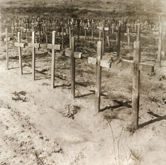 War graves on a French battlefield, 1919. Rows of wooden crosses mark the graves of fallen soldiers who were lost on the French battlefields during the First World War (1914-18). Northern France, 1919. France, Western Europe, Europe .