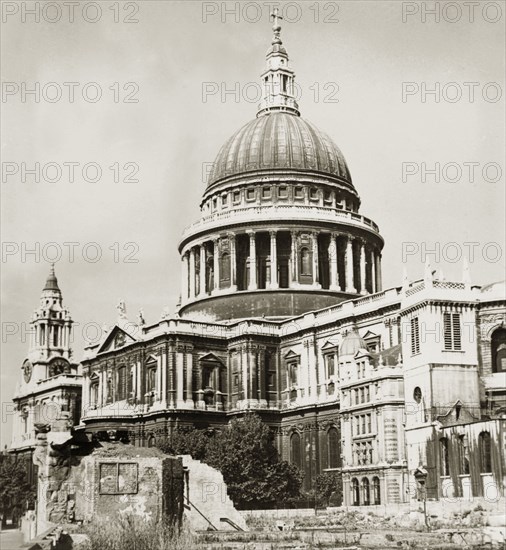 St Paul's Cathedral, London, 1945. View of St Paul's Cathedral at the close of World War II. Although struck twice by enemy bombs in October 1940 and April 1941, the cathedral managed to survive the Blitz, which saw the destruction of more than a million houses in the city. London, England, 1945. London, London, City of, England (United Kingdom), Western Europe, Europe .