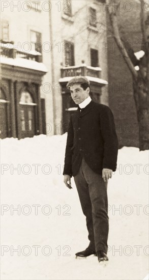 Mr Michaelson ice skating, Montreal. Full-length portrait of Mr Michaelson, who pauses for the camera whilst ice skating on the snow covered streets of Montreal. Montreal, Canada, February 1902. Montreal, Quebec, Canada, North America, North America .