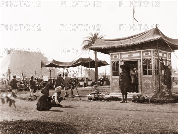 Patiala's camp at Coronation Durbar, 1903. View of Patiala's royal camp at the Coronation Durbar. On the right stands a decorative silver hut that was made in 1876 by the late Maharajah of Patiala, Rajinder Singh, for Albert Edward, Prince of Wales (later King Edward VII) to sleep in during Queen Victoria's Proclamation Durbar in 1877. Delhi, India, circa 1 January 1903. Delhi, Delhi, India, Southern Asia, Asia.