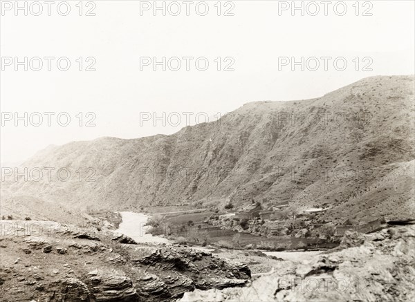 An Afridi village on the Khyber Pass. View of a Zakka Khel, an Afridi clan, village in Bara Valley on the Khyber Pass, a strategically important route in the Safed Koh Mountains, connecting British India (now Pakistan) with Afghanistan. North West Frontier Province, India (Pakistan), February 1903., North West Frontier Province, Pakistan, Southern Asia, Asia.