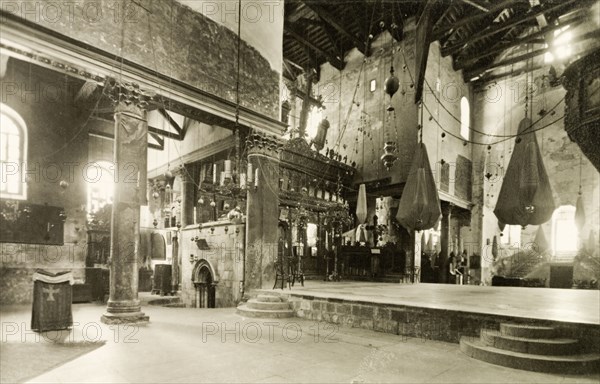 Church of the Nativity, Bethlehem. Interior shot of the Church of the Nativity. Bethlehem, British Mandate of Palestine (West Bank, Middle East), 1938. Bethlehem, West Bank, West Bank (Palestine), Middle East, Asia.