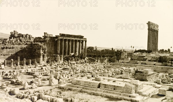 Roman ruins at Baalbek. The monumental Roman ruins at Baalbek, once one of the largest colonies in the Roman Empire and originally known as Heliopolis. Baalbek, French Mandate of Lebanon (Lebanon), July 1941. Baalbek, Beqaa, Lebanon, Middle East, Asia.