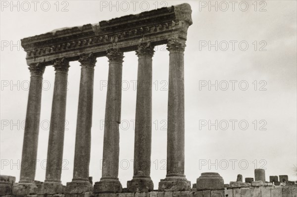 Corinthian columns at Baalbek. View of the Corinthian columns at Baalbek, once one of the largest colonies in the Roman Empire and originally known as Heliopolis. Baalbek, French Mandate of Lebanon (Lebanon), April 1944. Baalbek, Beqaa, Lebanon, Middle East, Asia.