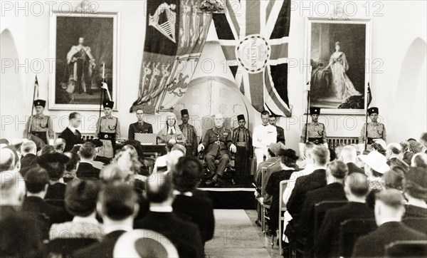 Lord Gort addresses an assembly. Lord John Gort (centre) addresses an assembly of officials as the newly appointed High Commissioner of Palestine and Transjordan. Probably Jerusalem, British Mandate of Palestine (Israel), 31 October 1944. Jerusalem, Jerusalem, Israel, Middle East, Asia.