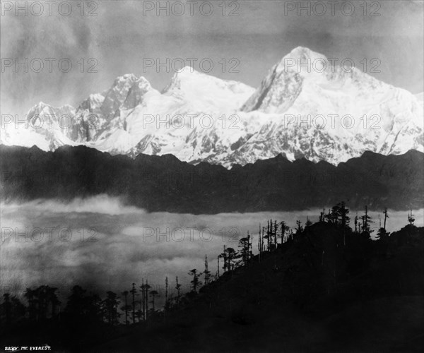 Mount Everest, circa 1919. View of the snow-capped peaks of Mount Everest, the highest mountain in the world. Nepal, circa 1919., Nepal, Southern Asia, Asia.