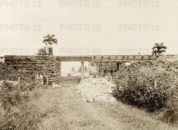 Railway bridge at Pointe-a-Pierre. A bridge carries a Trinidad Government Railways extension line across an incline at Pointe-a-Pierre. Pointe-a-Pierre, Trinidad, circa 1912. Point-a-Pierre, Trinidad and Tobago, Trinidad and Tobago, Caribbean, North America .