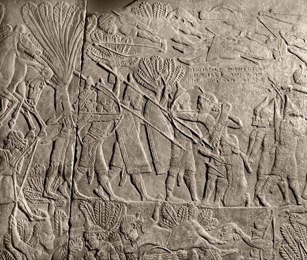 A detail of a stone relief from the palace of Ashurbanipal depicting the battle of Til Tuba, 653 BC