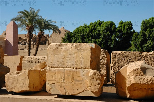 View across the jumbled and disassembled building blocks now kept in the Open Air Museum area of the Precinct of Amun