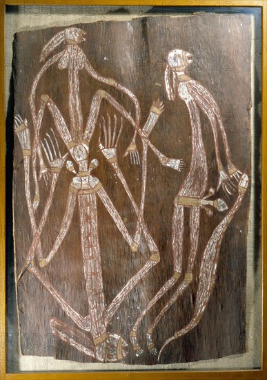 Aboriginal bark painting depicting a copulating couple and a snake