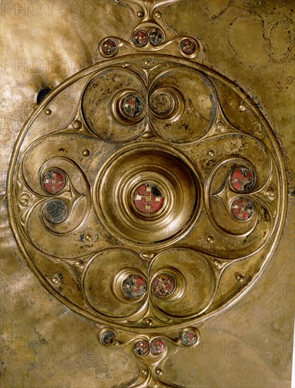 Bronze shield decorated with studs in red glass paste (detail)