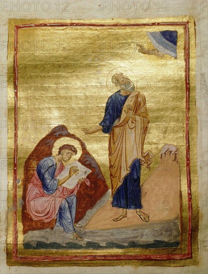 An illumination from a Byzantine manuscript depicting St John and Prochorus