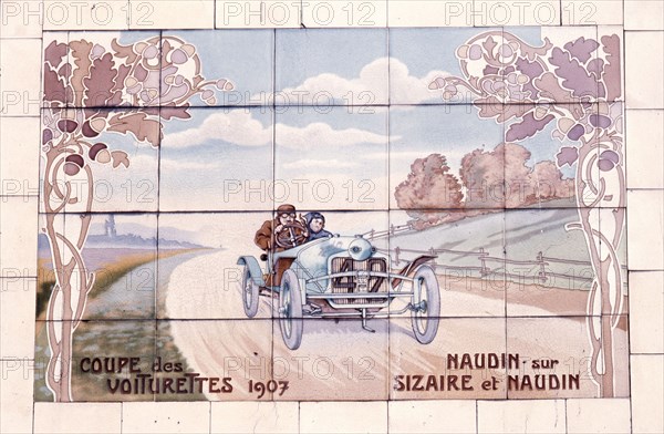 Decorative tile of famous racing car of the time which used Michelin tyres