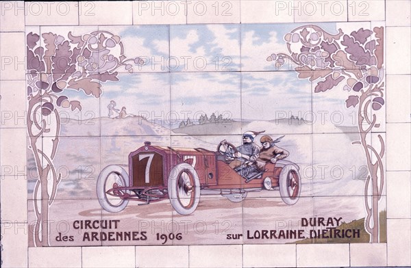 Decorative tile of famous racing car of the time which used Michelin tyres