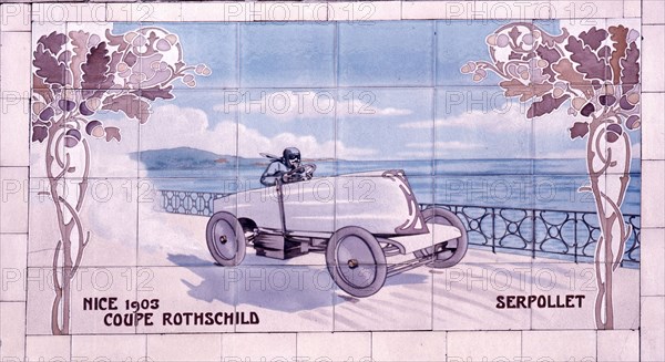 Decorative tile of famous racing car of the time which used Michelin tyres