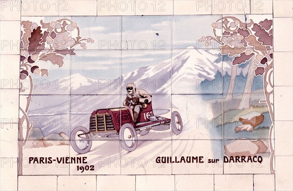 Decorative tile of famous racing car of the time which used Michelin tyres