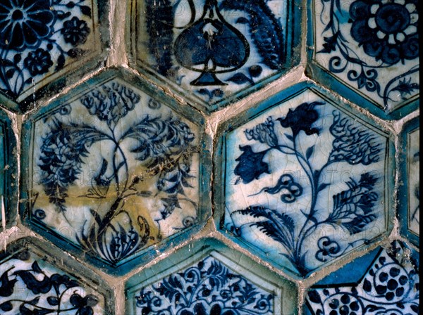 Mismatched Iznik style tiles from a wall panel