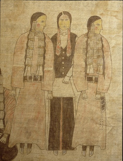 A cloth painting depicting a parade, a Sun Dance ceremony and scenes from daily life