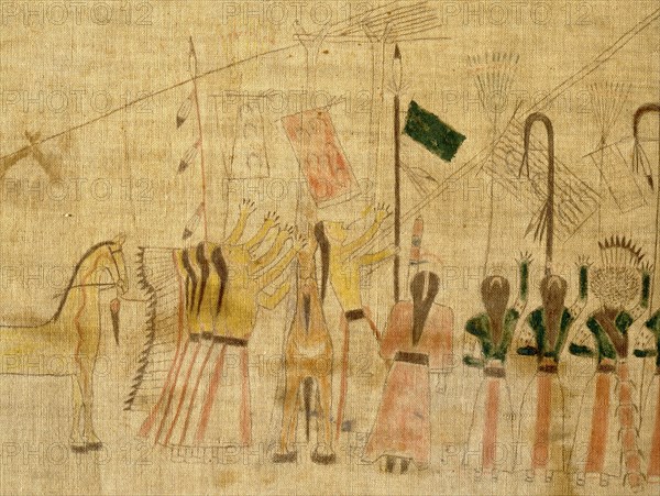 A cloth painting depicting a parade, a Sun Dance ceremony and scenes from daily life