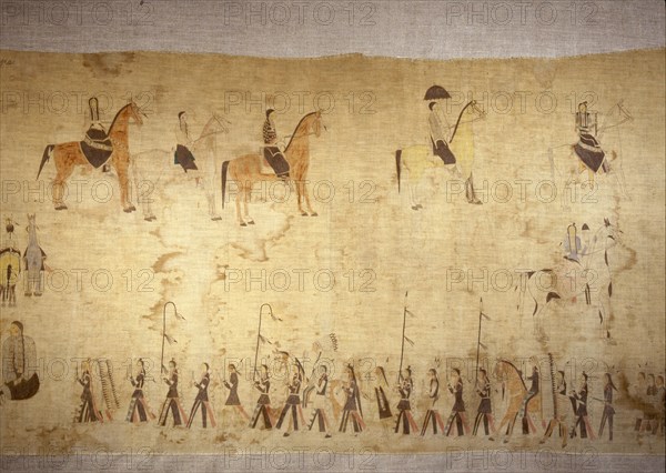 A cloth painting depicting a parade, a Sun Dance ceremony and scenes from daily life