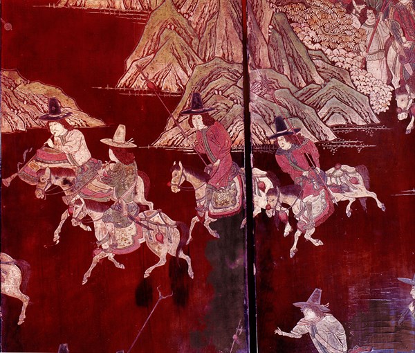 Detail of a lacquer screen which depicts the exploits of the Portuguese in China