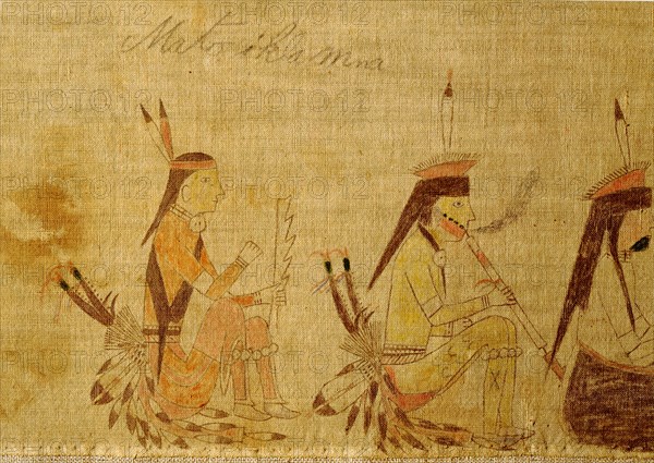 A cloth painting depicting a parade, a Sun Dance ceremony and scenes from daily life