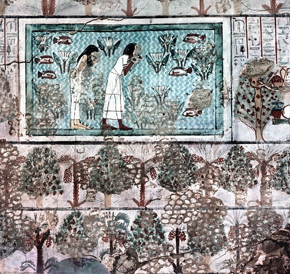 A detail of a tomb wall painting showing a garden and ornamental pool with fish