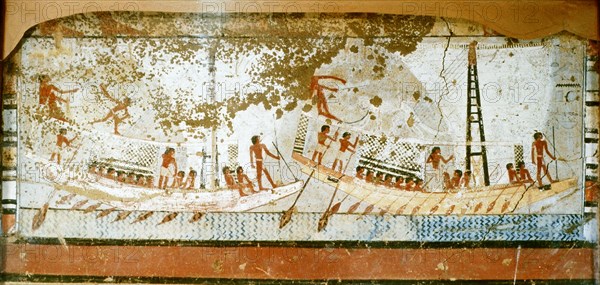 A wall painting from the tomb of In Snefru Ishtef at Dahshur depicting two ships with bipod masts