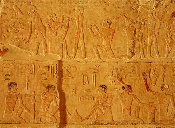 A relief from the mastaba of Niankhkhnum and Khnumhotep, priests and oversees of the palace manicurists of King Neweserra