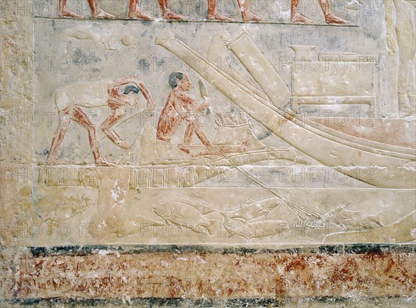 A relief in the tomb of Princess Sesh seshet Idut at Saqqara depicting a fishing scene