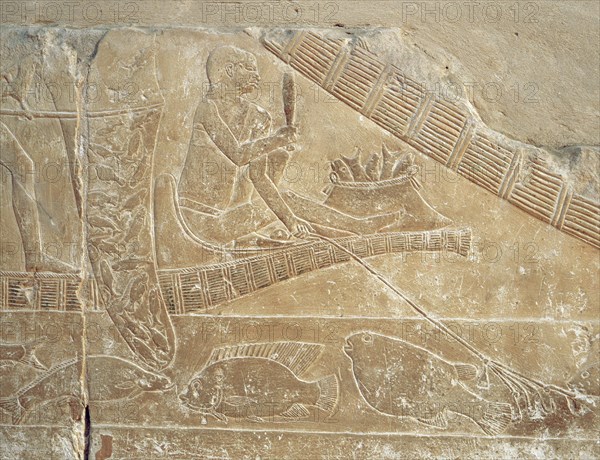 A relief in the tomb of Princess Sesh seshet Idut at Saqqara depicting a fishing scene