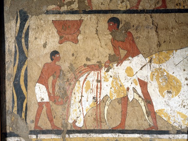 A painting from the tomb of Ity depicting the slaughtering of an ox