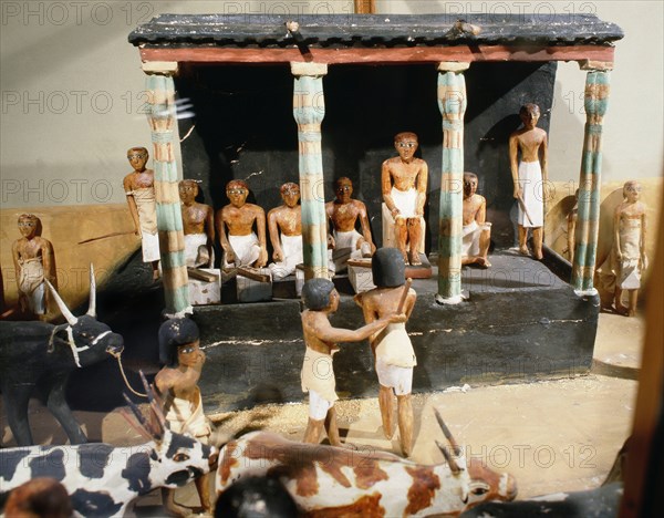 Wooden model depicting the tomb owner Meketre and his son, assisted by scribes and herdsmen, inspecting and counting his livestock